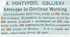 
Wern Hill Colliery, Pontypool, A newspaper announcement on 1 July 1909