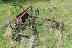 
'Jeffery and Blackstone Stamford' swathe turner or hay tedder from c 1885, Penrhiwfid Farmhouse, July 2020