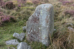 
Boundary stone near Canada Tips with probably 'B' for Breconshire and 'M' for Monmouthshire, September 2017