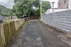 
The tramroad route past the site of the original Risca Station, August 2020