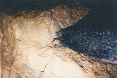 
Danygraig leadmine, Risca, pin holding the hoist beam in place above water-filled shaft, 1986