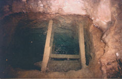 
Danygraig leadmine, Risca, wooden scaffolding in water-filled shaft, 1986