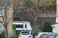 
Celynen South Colliery quarry tramway bridge and Class 170, Abercarn, November 2020