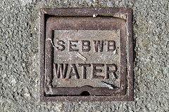 
'SEBWB Water' inspecton cover from South East Breconshire Water Board, Brynmawr, September 2019