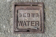 
'SEBWB Water' inspecton cover from South East Breconshire Water Board, Brynmawr, September 2019