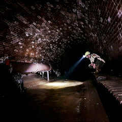 'Dunkin Donuts' is the River Ebbw tunnel under Victoria, 2018, © Photo courtesy of Gwent Caving Club