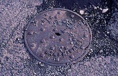 'R T & B Stormwater' draincover, Ebbw Vale, c1985, © Photo courtesy of Robin Williams