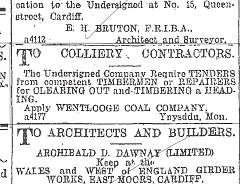 Wentloog Colliery contractors wanted, 16 May 1899