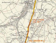 The route of the Penllwyn Tramroad and Llanarth Tramroad, 1915, © Crown Copyright reserved