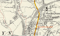 The route of the Penllwyn Tramroad and Llanarth Tramroad, 1915, © Crown Copyright reserved