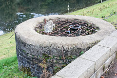 The control pillar on Nant-y-draenog reservoir dam, Cwmfelinfach, October 2016