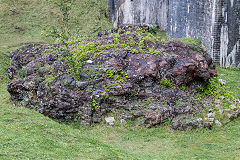 
The base of the blast furnace and slag 'bear', Sirhowy Ironworks, June 2019