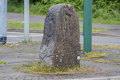 'S 1818', Sirhowy Ironworks boundary stone in Tredegar bus station, June 2019