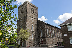 St Georges Church, Tredegar, built in the style of a colliery engine house, June 2019