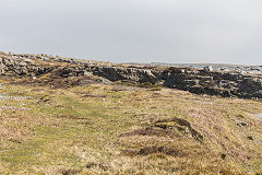 
The ganister quarry from the bunker, Twynau Gwynion, April 2019