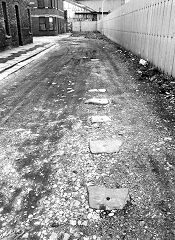 
Tramroad sleepers at Castle Street, Pill, Newport, behind Uskside Ironworks, © Photo courtesy of Risca Museum