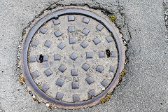 
'T Spittle Ld Newport Mon' manhole cover at Upper Cwmbran, June 2017