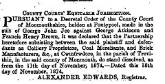 
Dissolution of a partnership of Jee, Atkinson and Brown at Cwmfrwdore, 11 November 1874