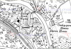 Darren Brickworks, 1880, two kilns by the canal, one kiln by the railway, © Crown Copyright reserved