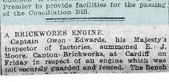 
Unguarded engine at Canton Brickworks, Evening Express, 1 October 1910