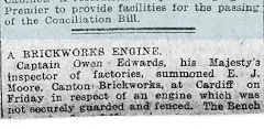 Unguarded engine at Canton Brickworks, Evening Express, 1 October 1910