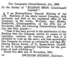 'Hudson Bros' winding up order 29 Navember 1911