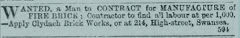 
Clydach Brickworks advert for a contractor, 17th June 1871