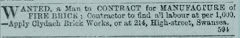 
Clydach Brickworks advert for a contractor, 17th June 1871