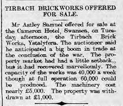
Unsold notice for Tirbach Brickworks, 21 November 1914