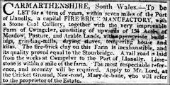 Advert of 17 April 1809 for a brickworks at Cwmgelwr