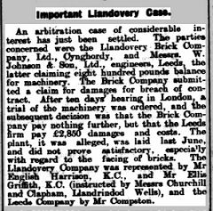 
Llandovery Brick Co legal report, 25 March 1909, © Photo courtesy of Mark Cranston