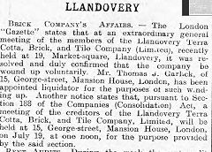 Llandovery Brick Co sale notice, 16 July 1909