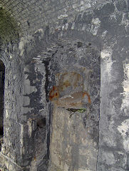 
Aberthaw Pebble Limeworks, Old kilns, looking across the passageway between the kilns, June 2009