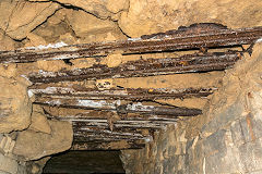 Kingsdown Quarry, rails supporting the roof, August 2020'