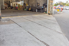 
Tramlines in the car shed at Hougue-a-la-Pierre, Guernsey Railway, September 2014