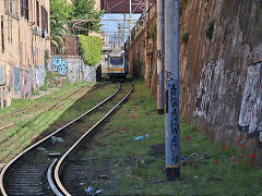 Centocelle Railway '421' on the gauntletted track at the tram depot, Rome, May 2022