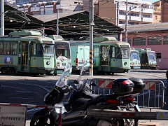 Trams '7015', 9027', '7095', '9037' at the depot neat Porta Maggiore, Rome, May 2022
